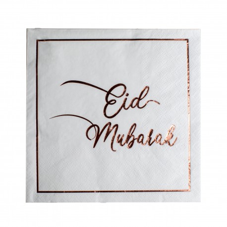 Lot de 16 Serviettes Eid Mubarak Blanches Roses